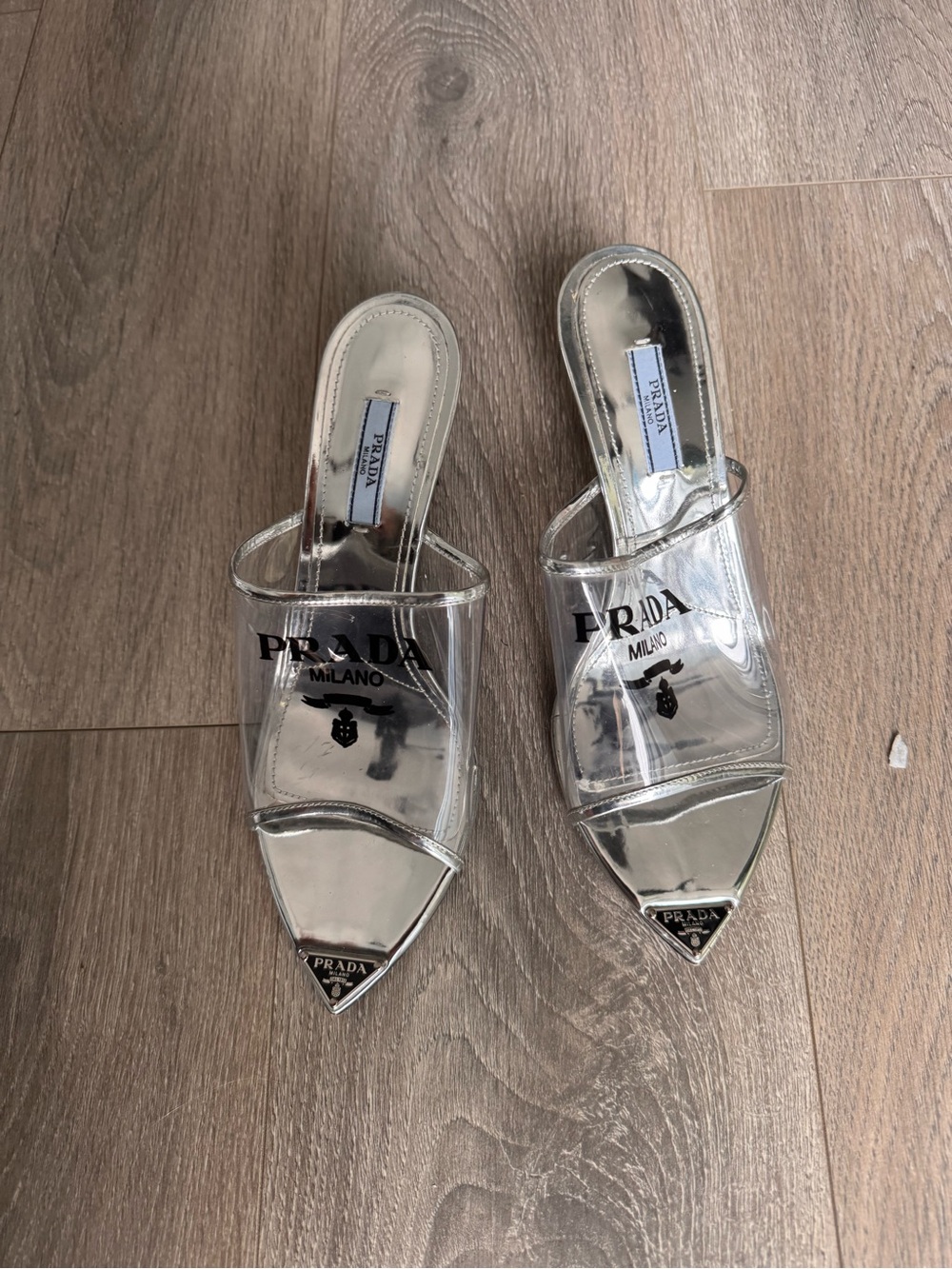 Prada Silver Clear Pointed Toe Slide Mules